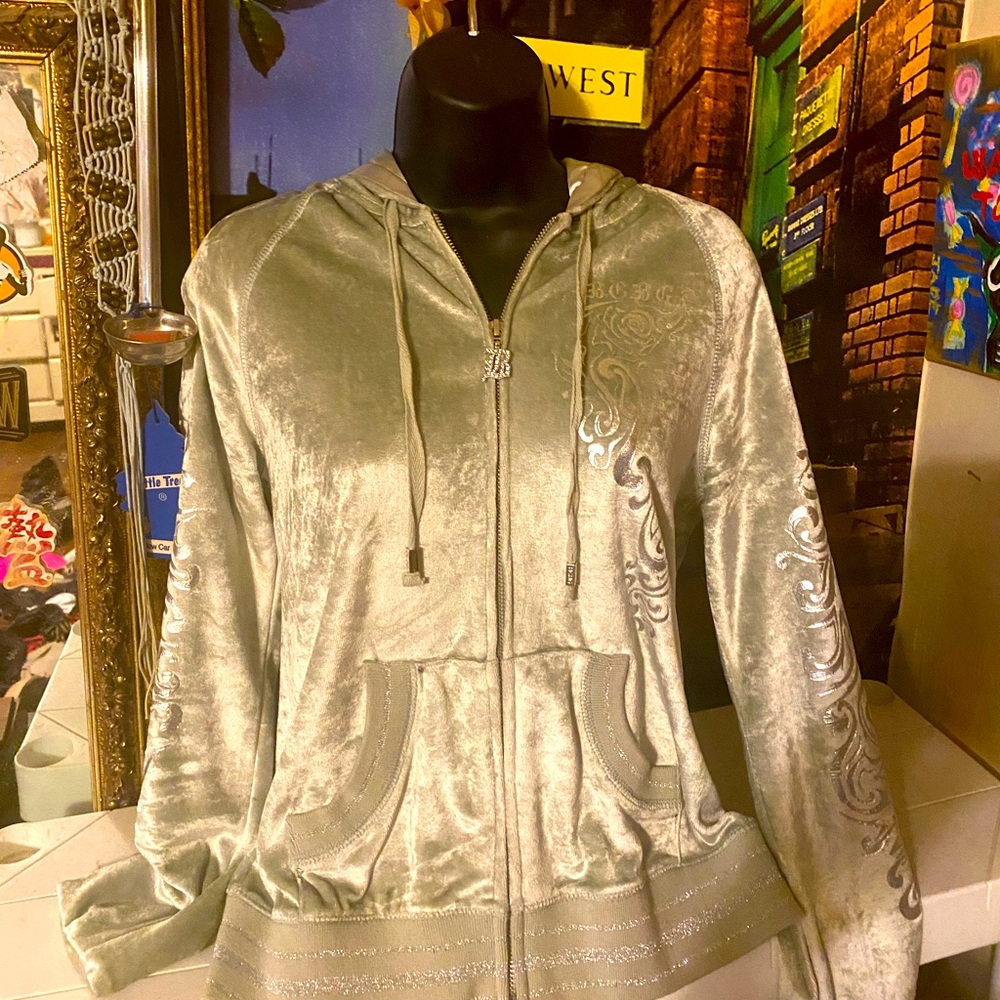 BCBG silk and velvet baby blue zip up hoodie